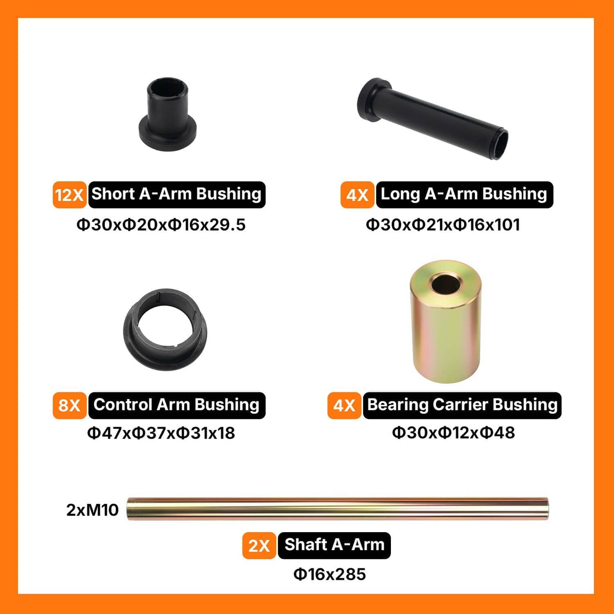 A-arm bushing set with black bushings, iridescent sleeve bushings, and metal shafts