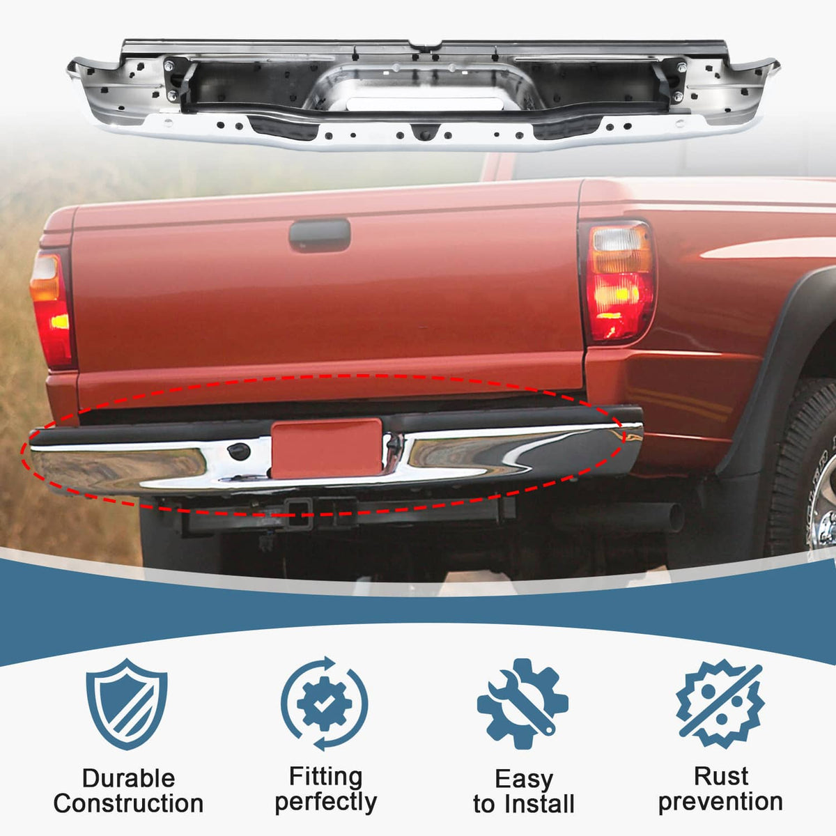 Rear step bumper assembly on pickup bed area, showing black step pads and chrome plate