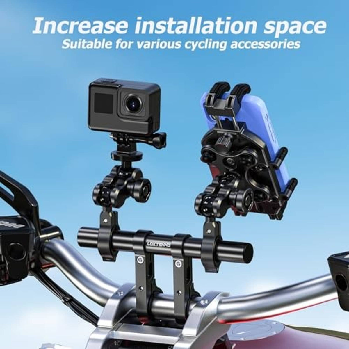 Bike handlebar extender mounting setup with center clamp and accessory attachment