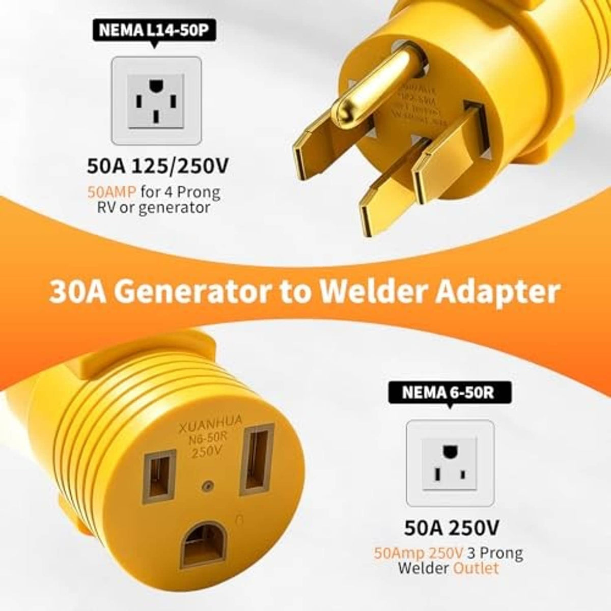 Yellow NEMA-style adapter plug with round connector face and metal prong plug