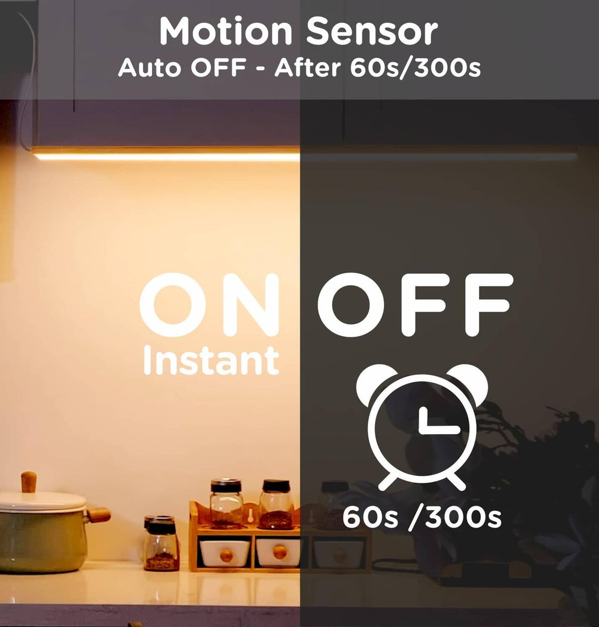 Motion sensor LED light with instant ON and auto-off timing 60s/300s