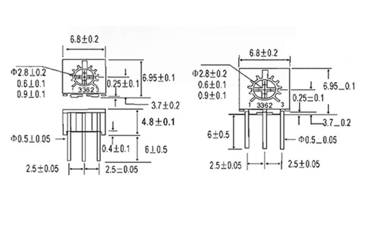 3362 trimmer potentiometer dimension diagram with pin layout and measurements