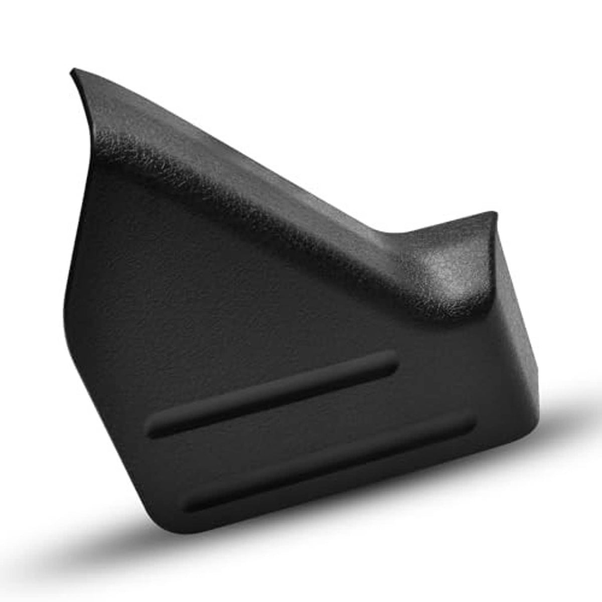 Black seat trim cover with vent slots, raised corner, and molded shape