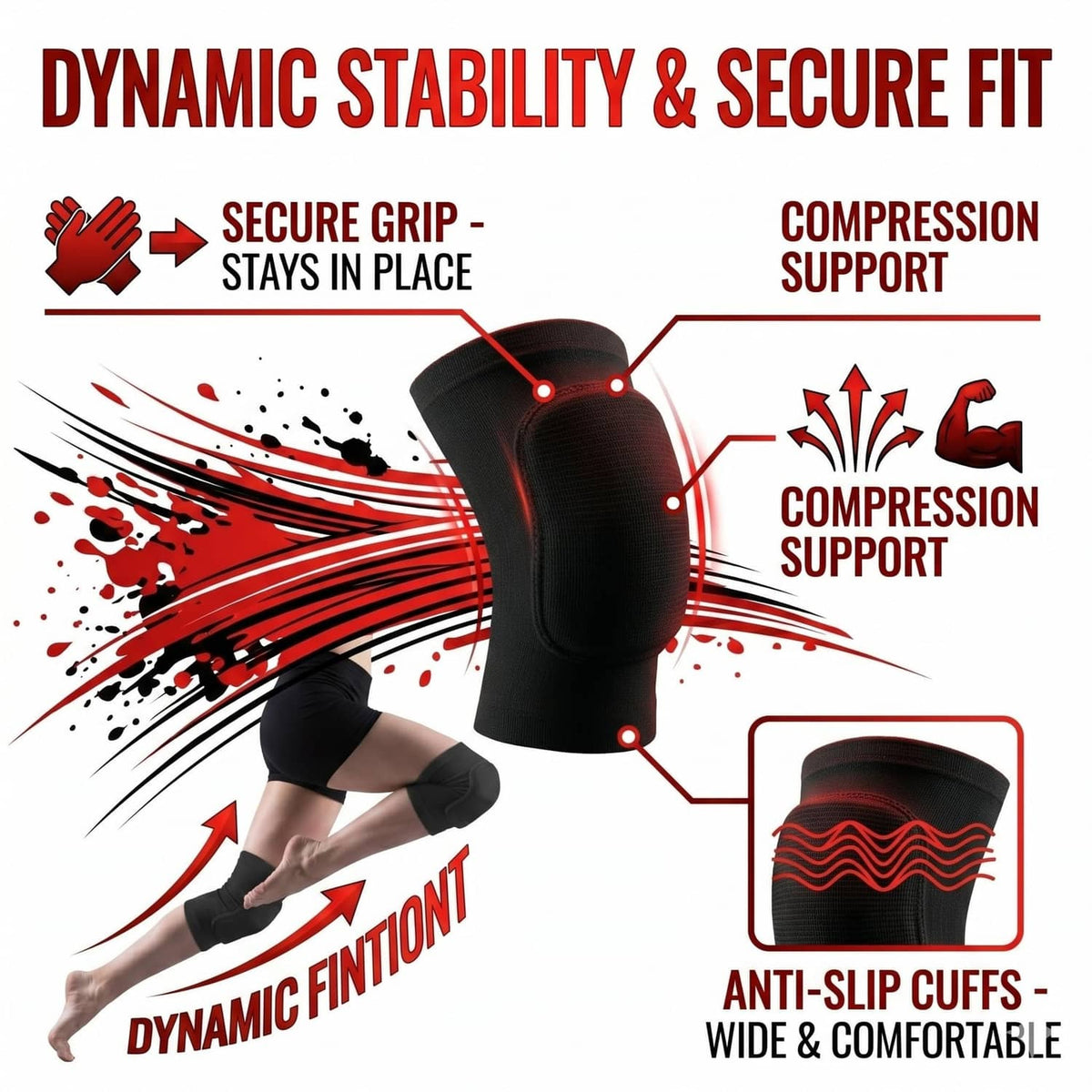 Black knee pad sleeve with anti-slip cuff styling and compression support around the knee.
