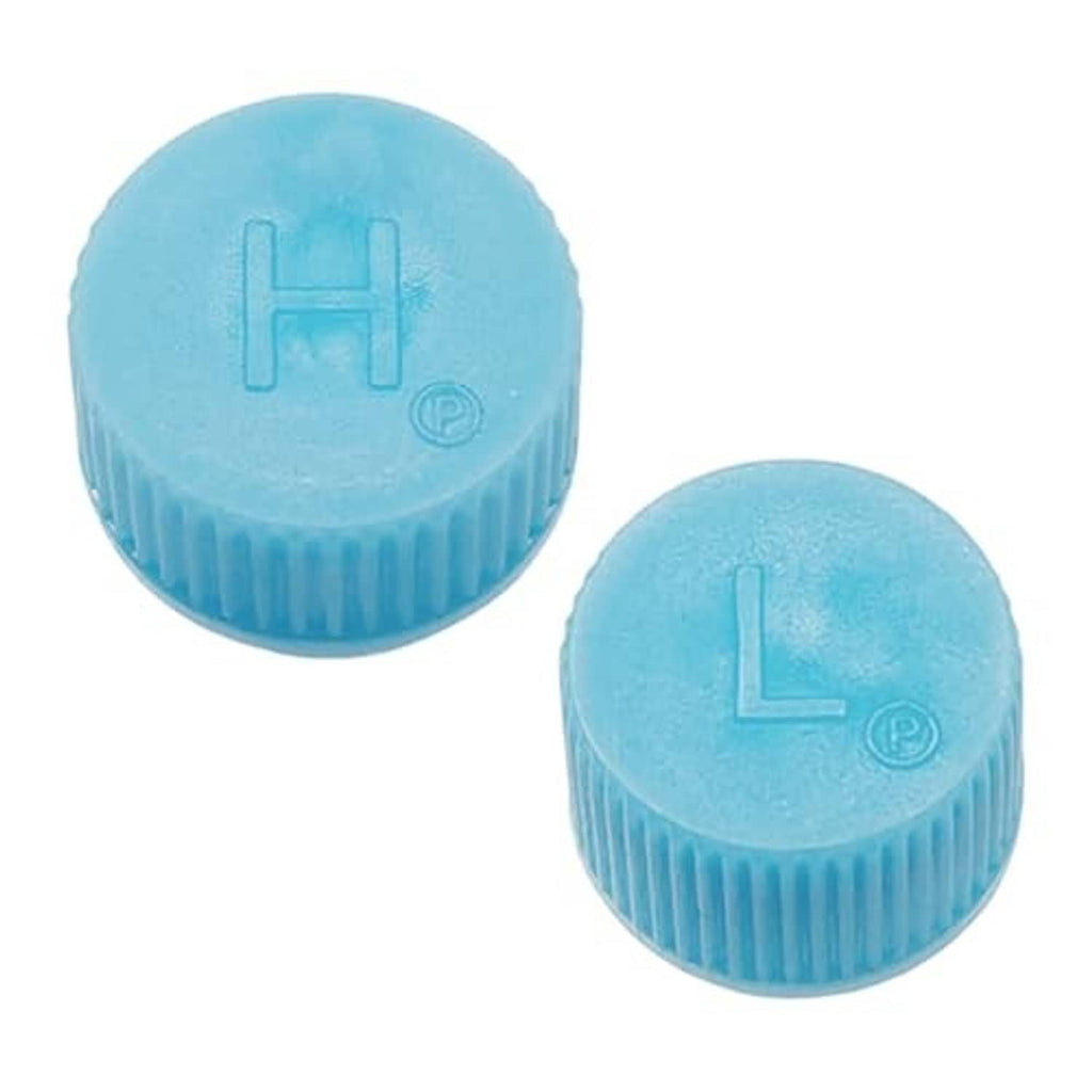 Pair of blue A/C valve caps with ribbed sides and L marking on top