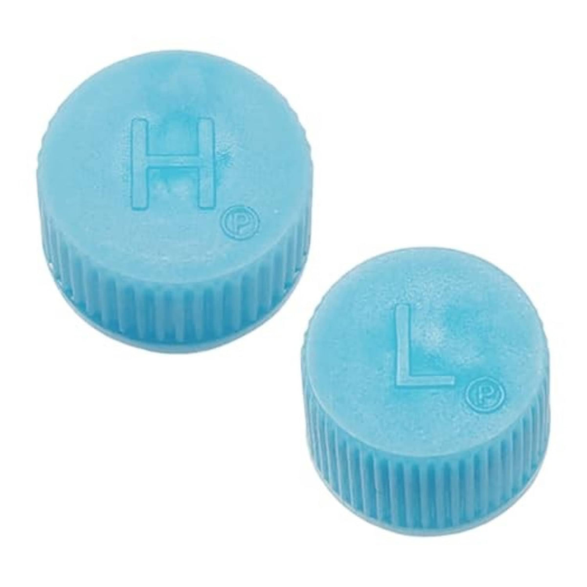 Pair of blue A/C valve caps with ribbed sides and L marking on top