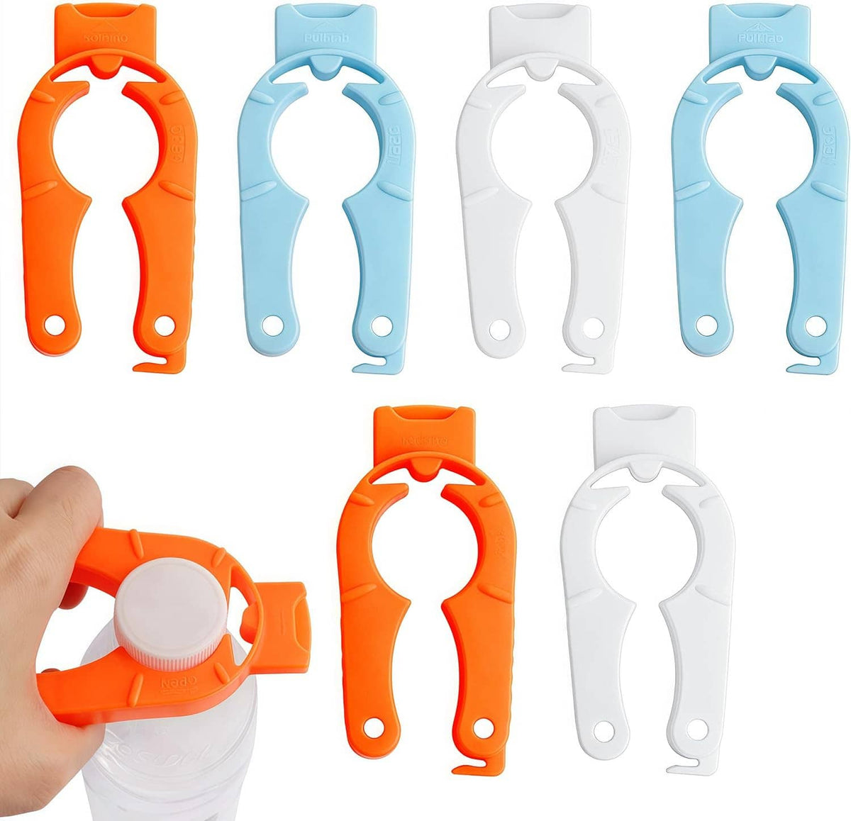 6-pack plastic bottle cap opener grippers in orange, light blue, and white