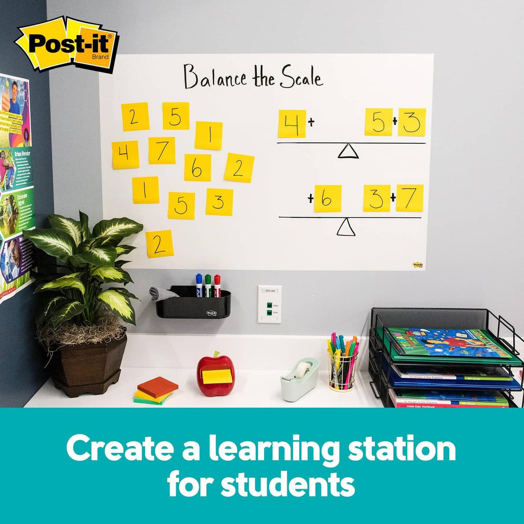 White writing surface on a wall for learning, with colorful sticky notes and markers