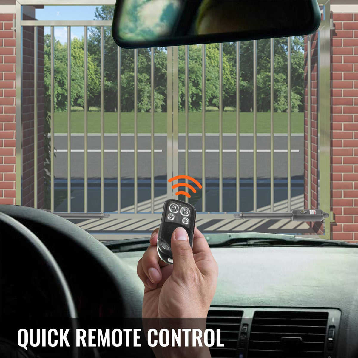 Hand holding gate remote control for automatic swing gate opener, black fob