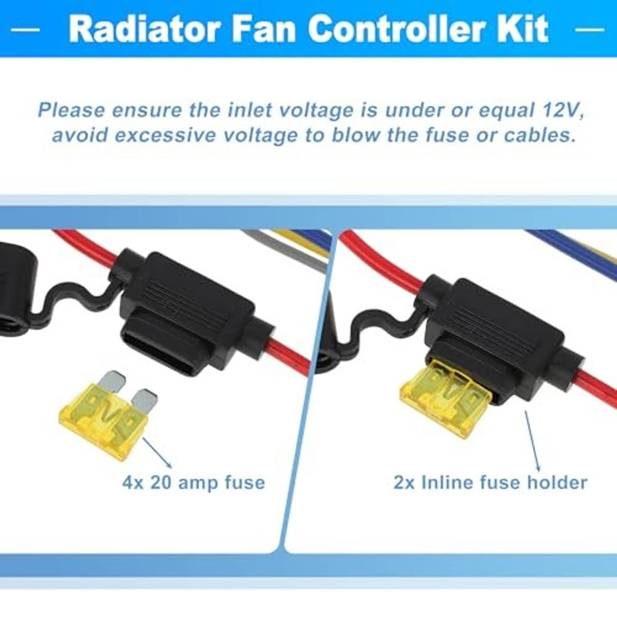 Radiator fan controller wiring with inline fuse holders and color-coded power wires