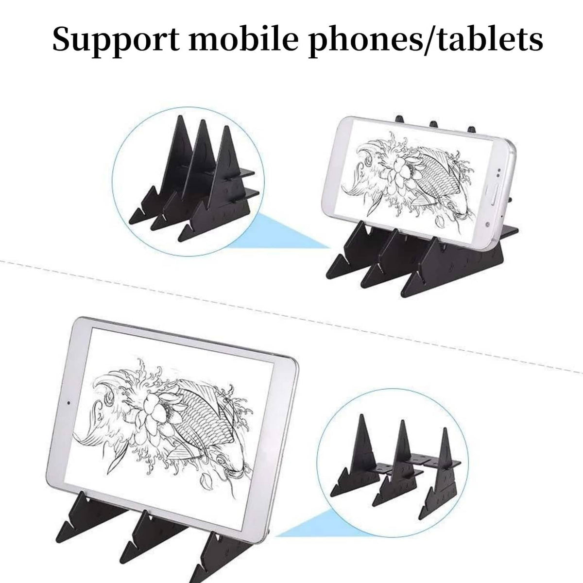 Portable optical tracing board supporting phones and tablets on a black stand
