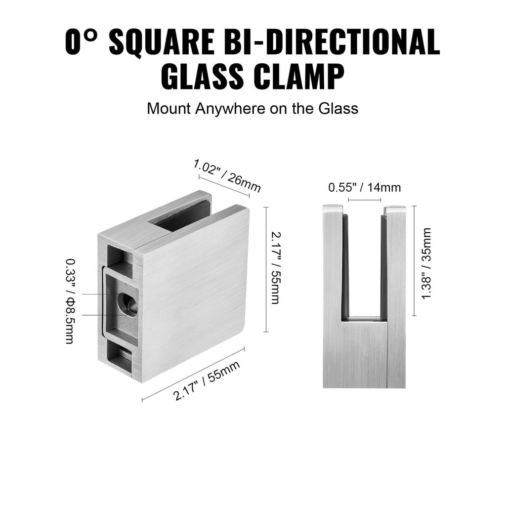 Square bi-directional glass clamp in brushed silver with U-shaped bracket and rubber insert