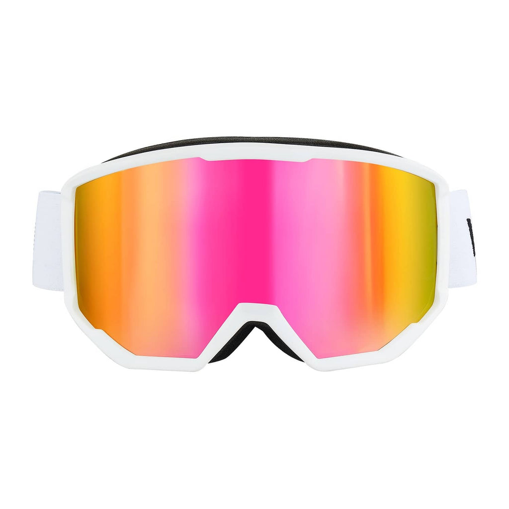 Ski goggles with white frame and pink-revo mirrored cylindrical lens