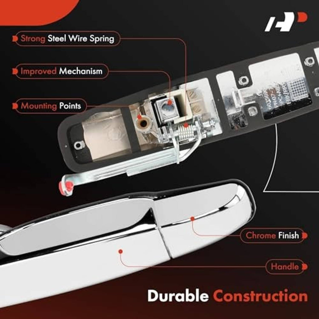 Exterior door handle with exposed internal parts, silver chrome finish