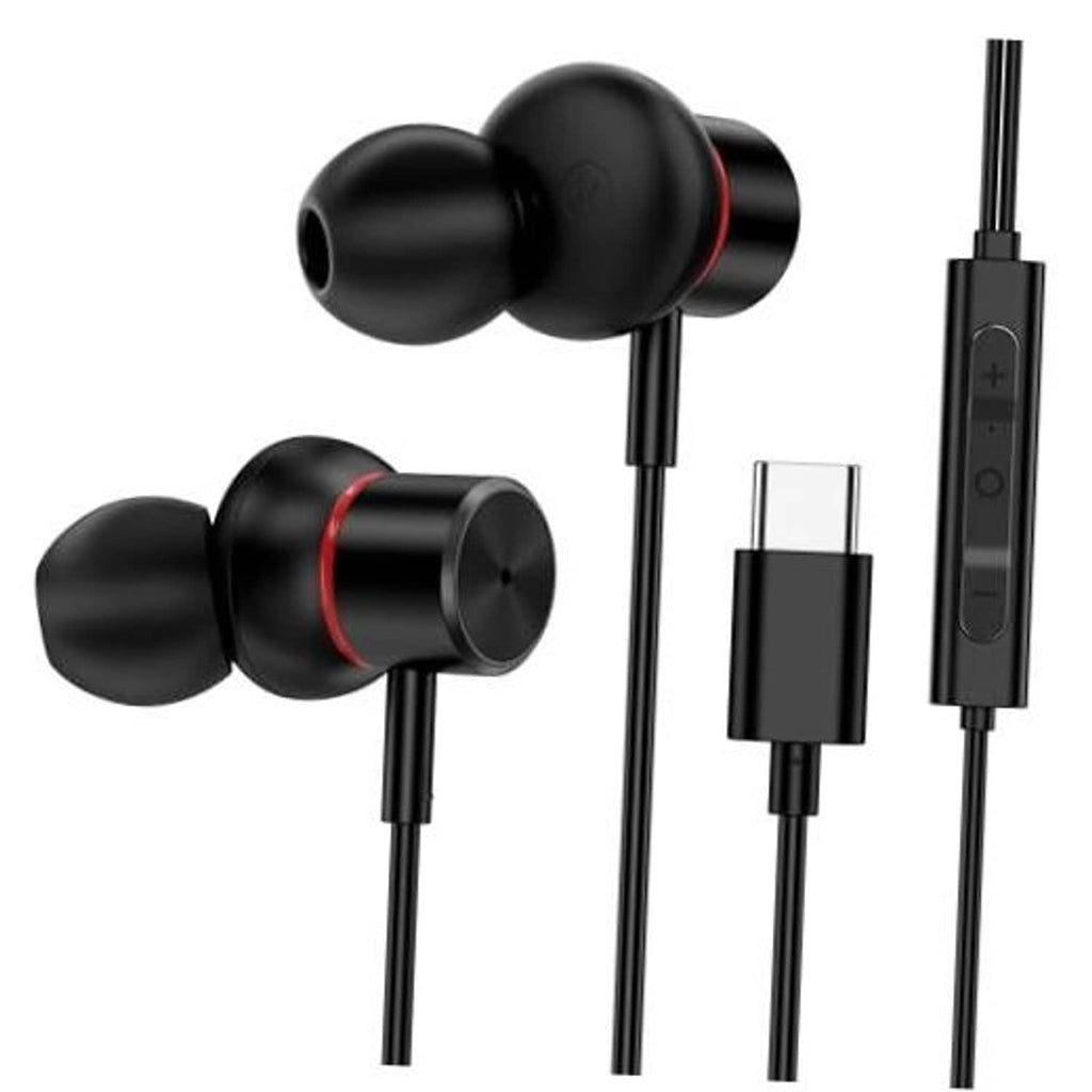 Black wired USB-C in-ear earbuds with red-accent drivers and inline control module