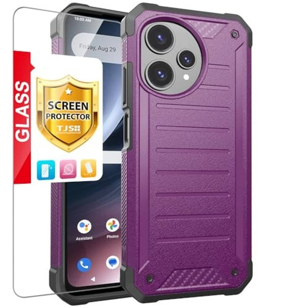 Purple rugged phone case with screen protector shield graphic and camera cutouts