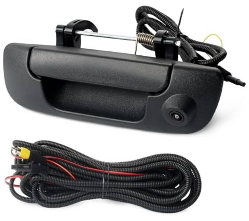 Black tailgate handle backup camera unit with cable harness and mounting hardware