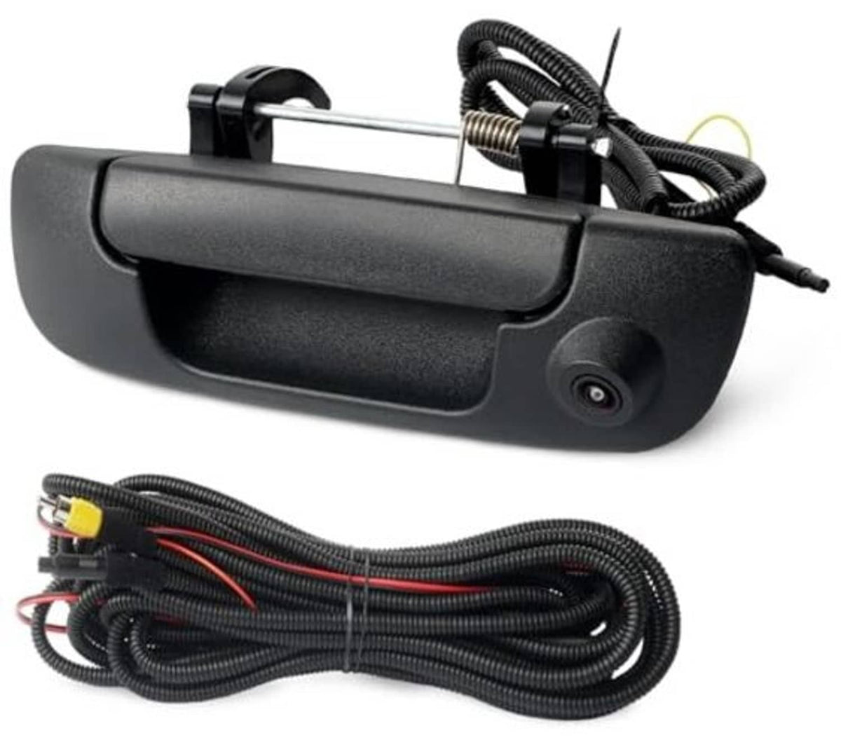 Black tailgate handle backup camera unit with cable harness and mounting hardware