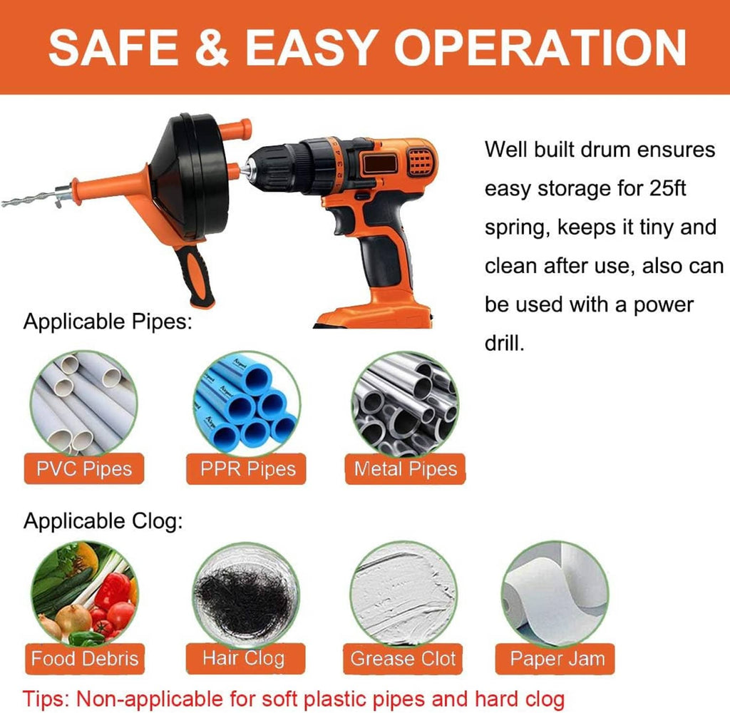 Drill-powered drain auger with orange/black drum and drill adapter for easy operation.