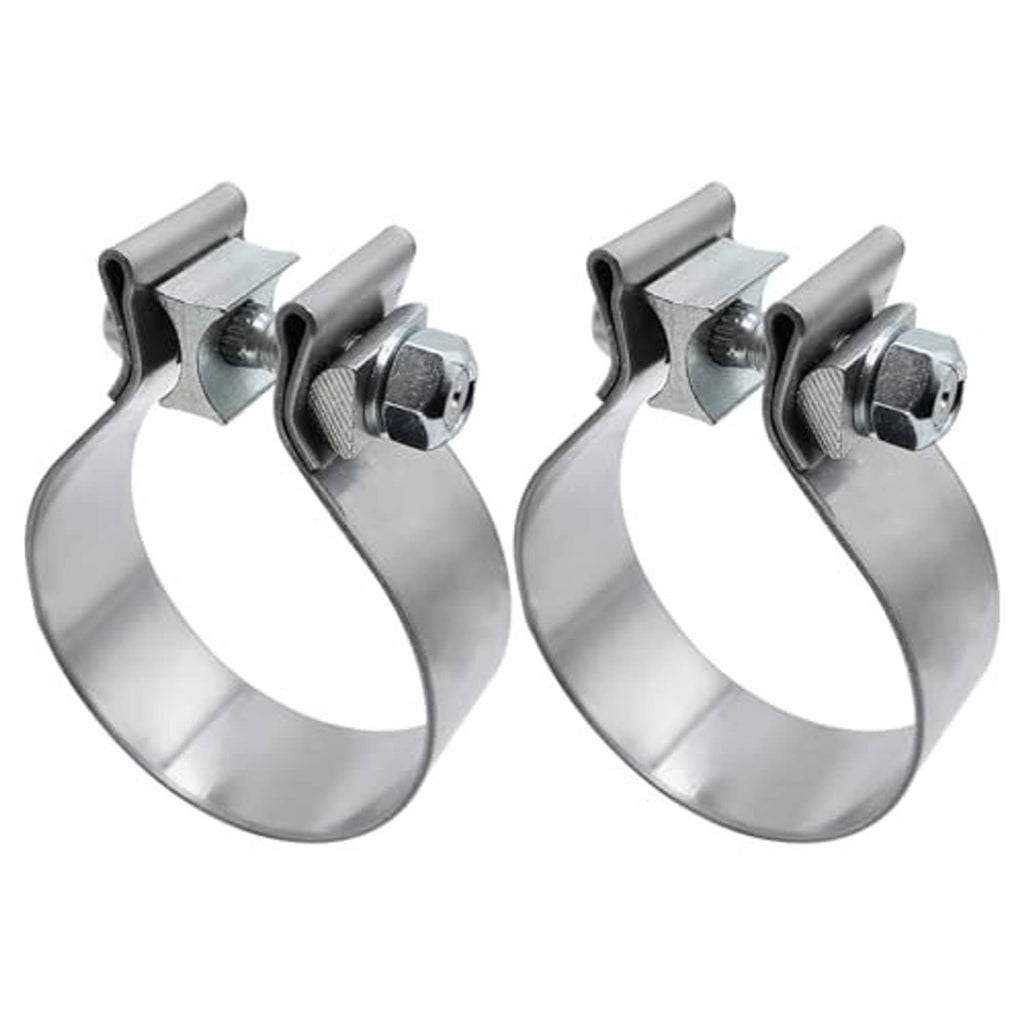 Two 2.5 in stainless exhaust clamps with hex-bolt fastener and narrow band