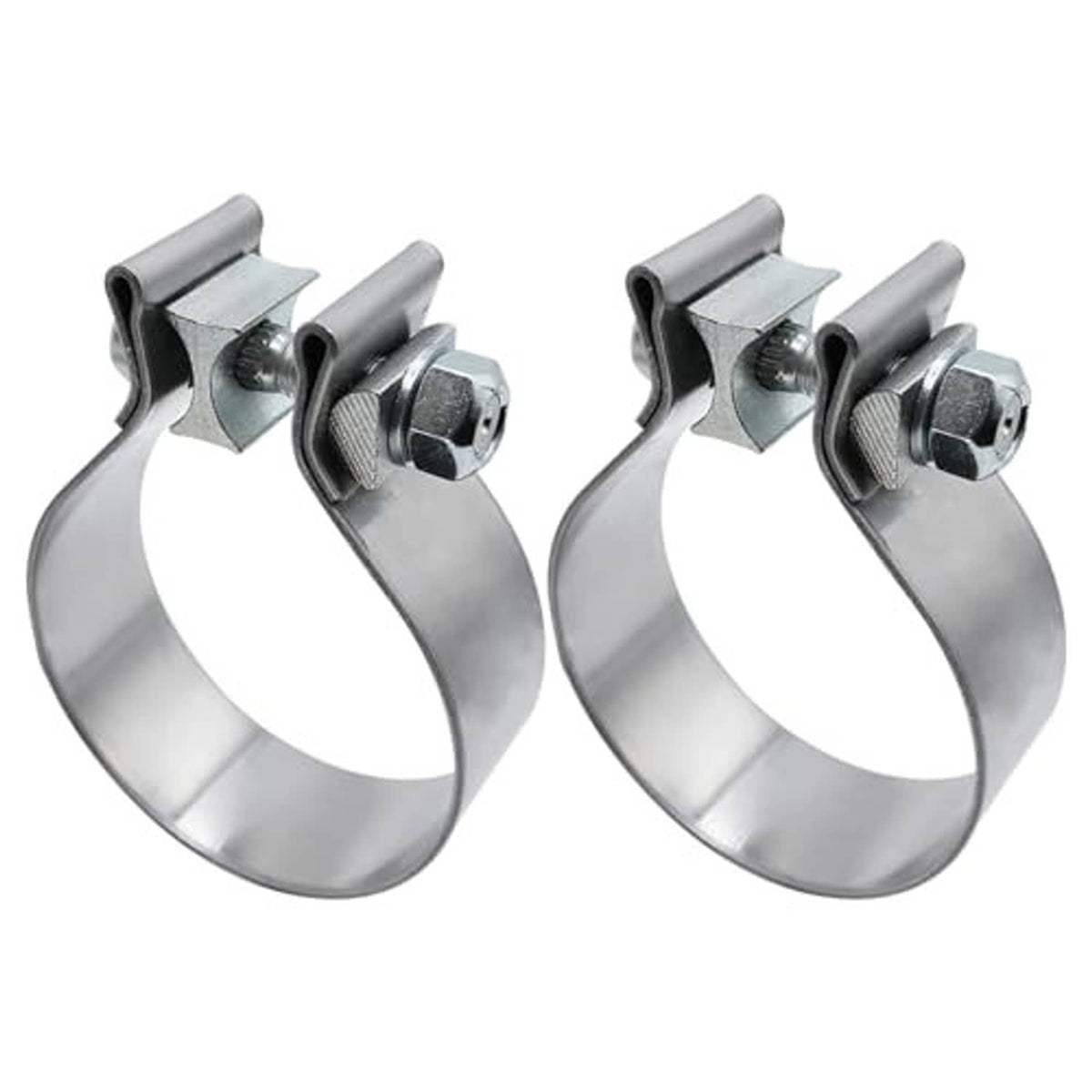 Two 2.5 in stainless exhaust clamps with hex-bolt fastener and narrow band