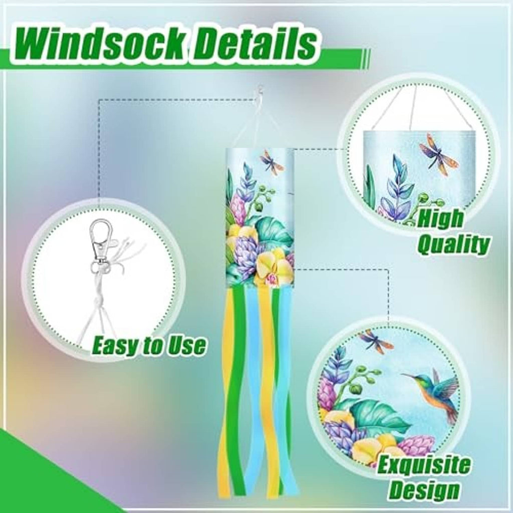 Pair of hanging windsocks with floral butterfly panels and multicolor striped tails