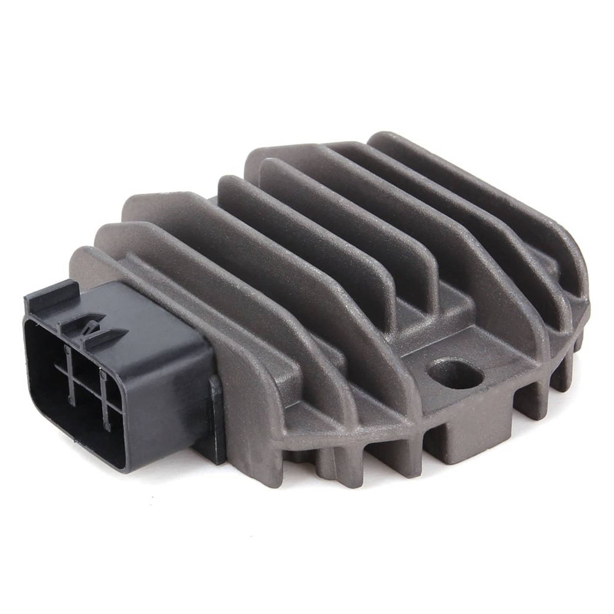 Voltage regulator rectifier unit side view with black connector and heat sink fins