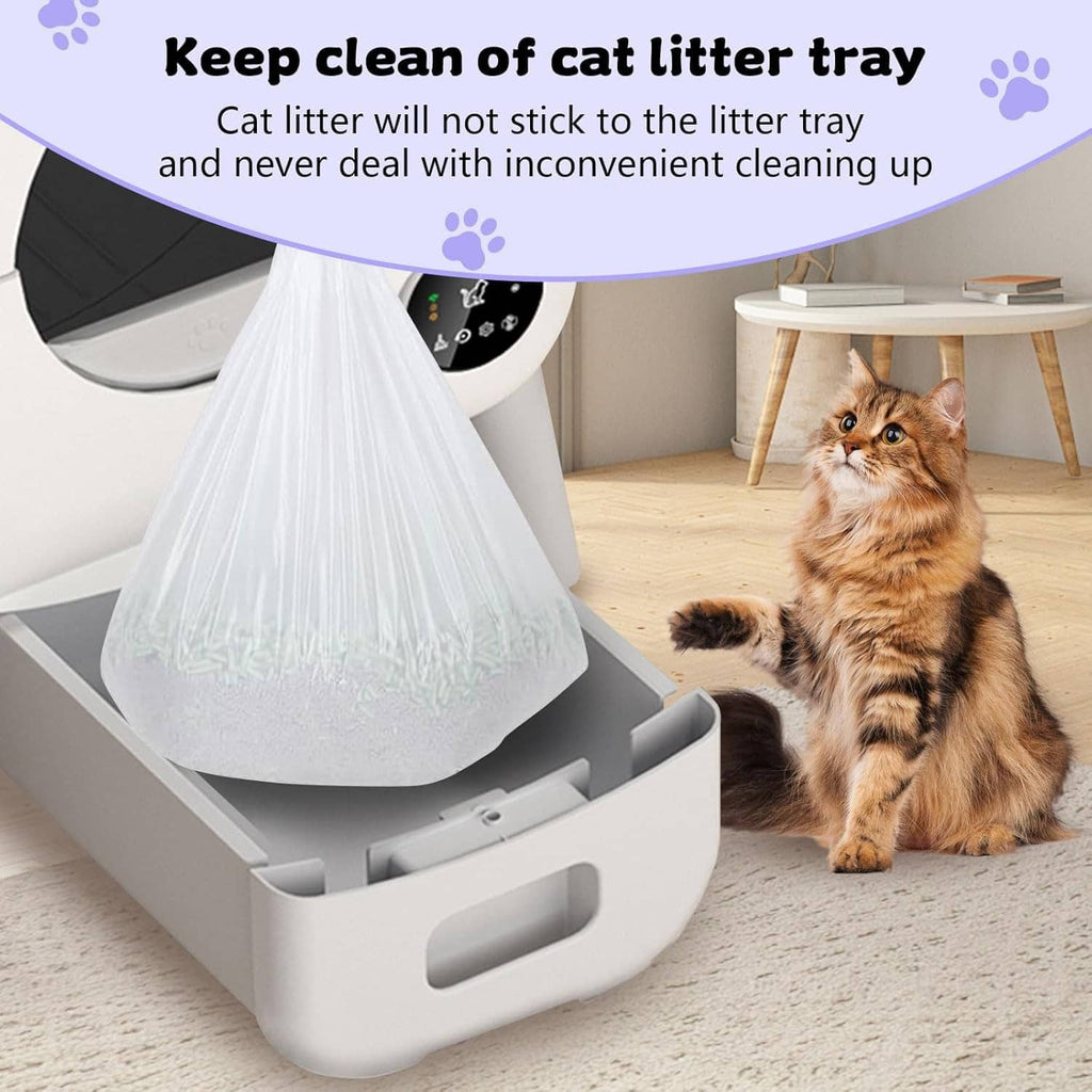 White cat litter box with liner bag extended, blue liner rolls on floor