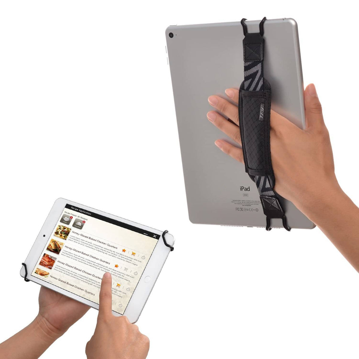 Tablet security hand strap holder with black strap attached to tablet back