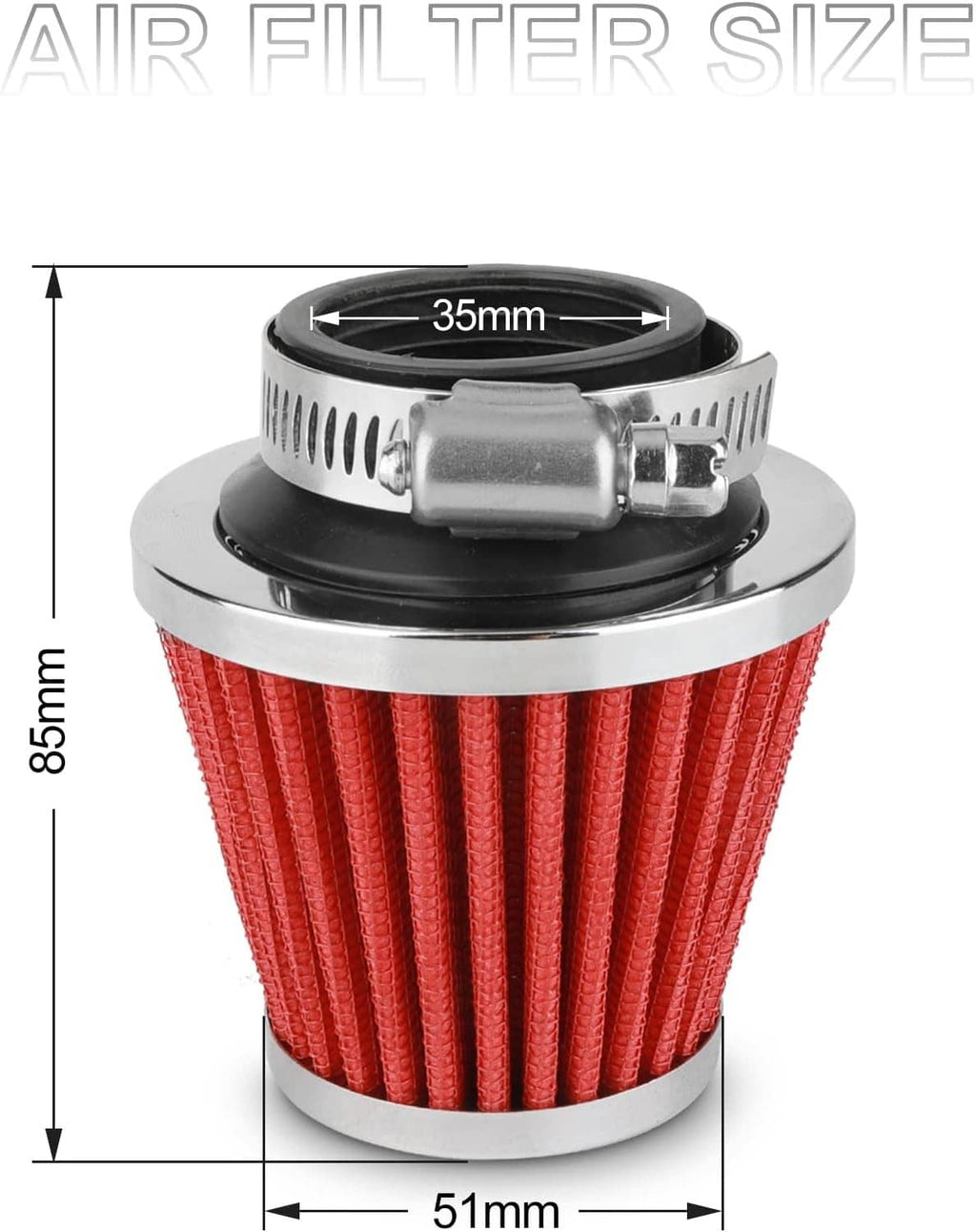 Red cone air filter for PZ19 carburetor with chrome top and gasket base