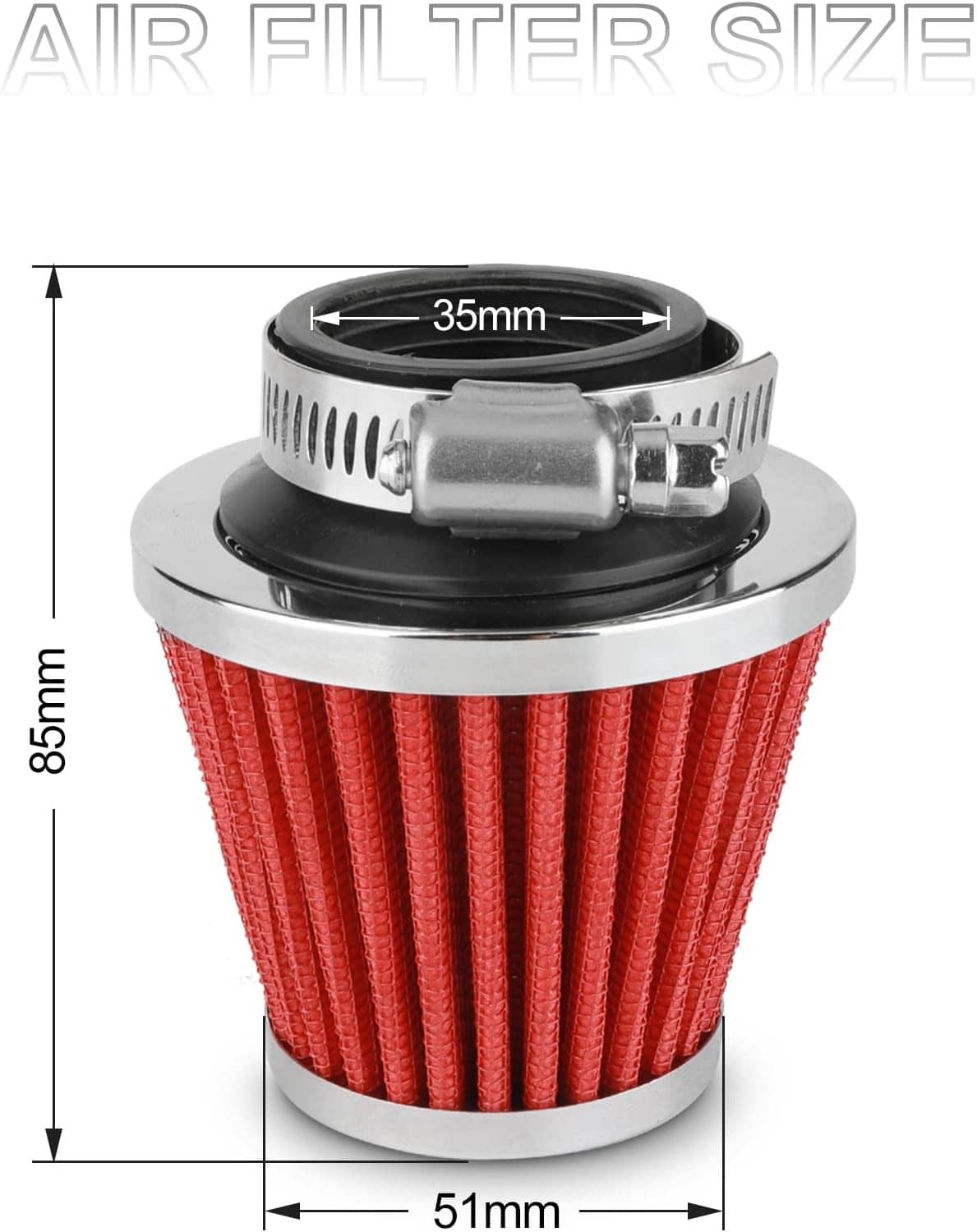 Red cone air filter for PZ19 carburetor with chrome top and gasket base