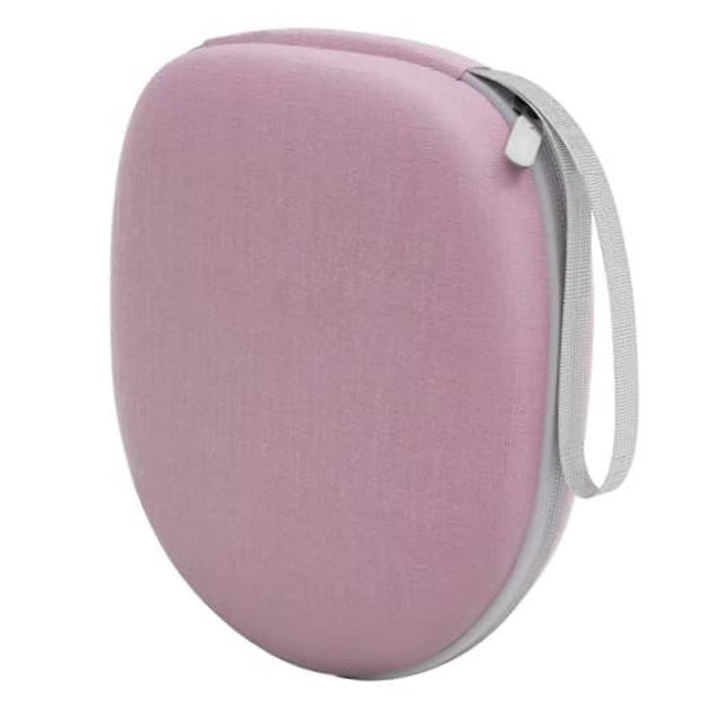 Light pink oval zippered headphone case with wrist strap, hard-shell exterior.
