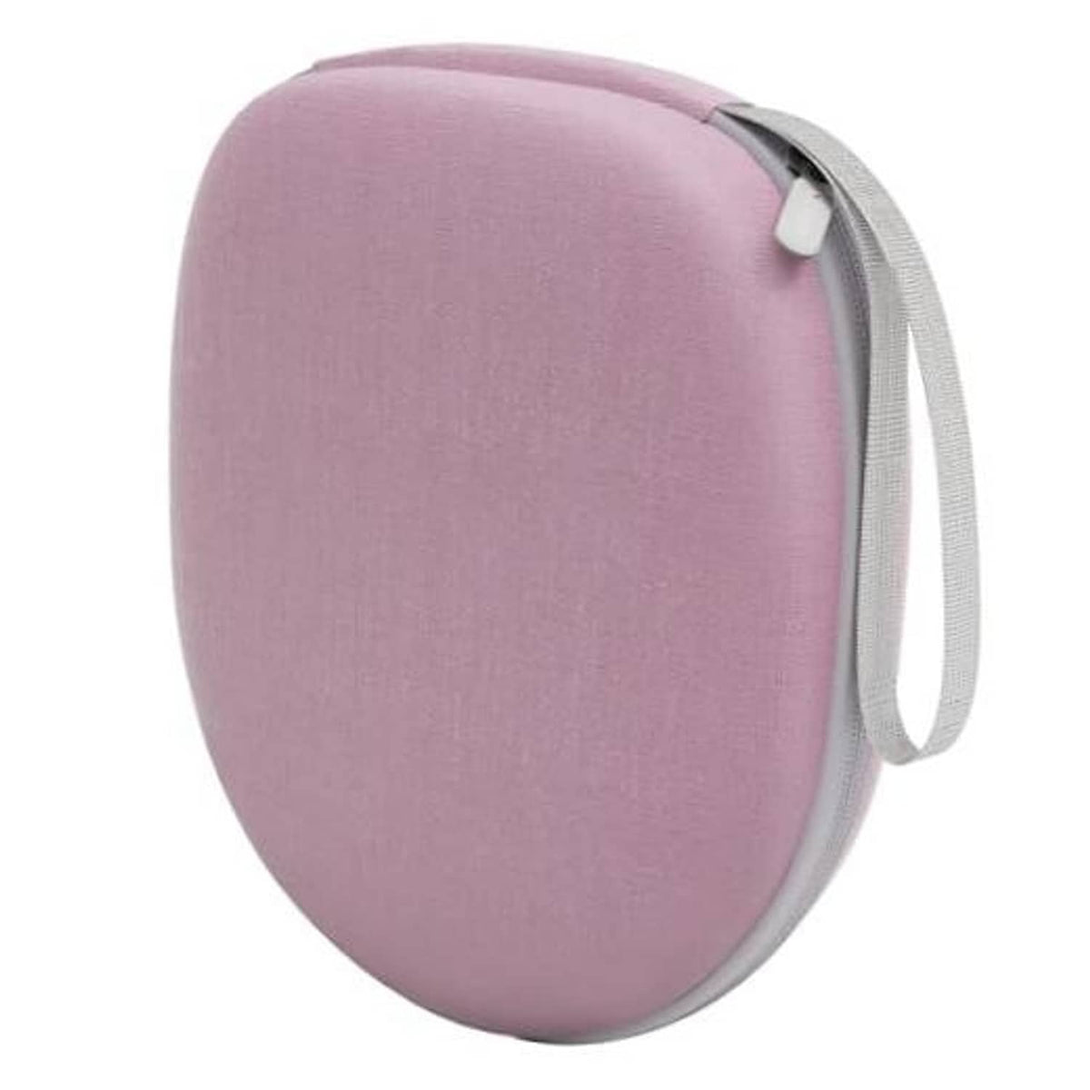 Light pink oval zippered headphone case with wrist strap, hard-shell exterior.