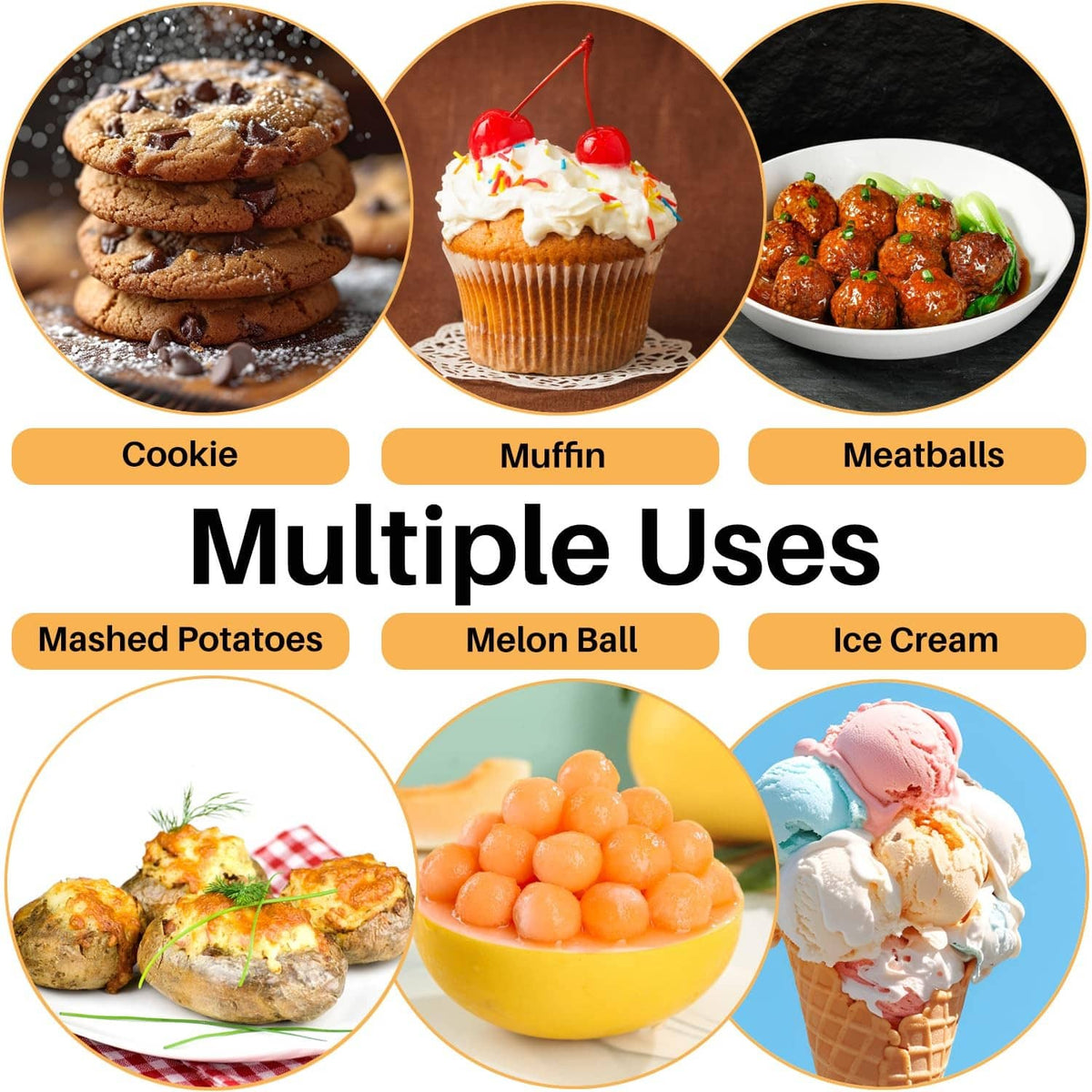Cookie scoop set for multiple uses: cookies, muffins, meatballs, melon ball, ice cream