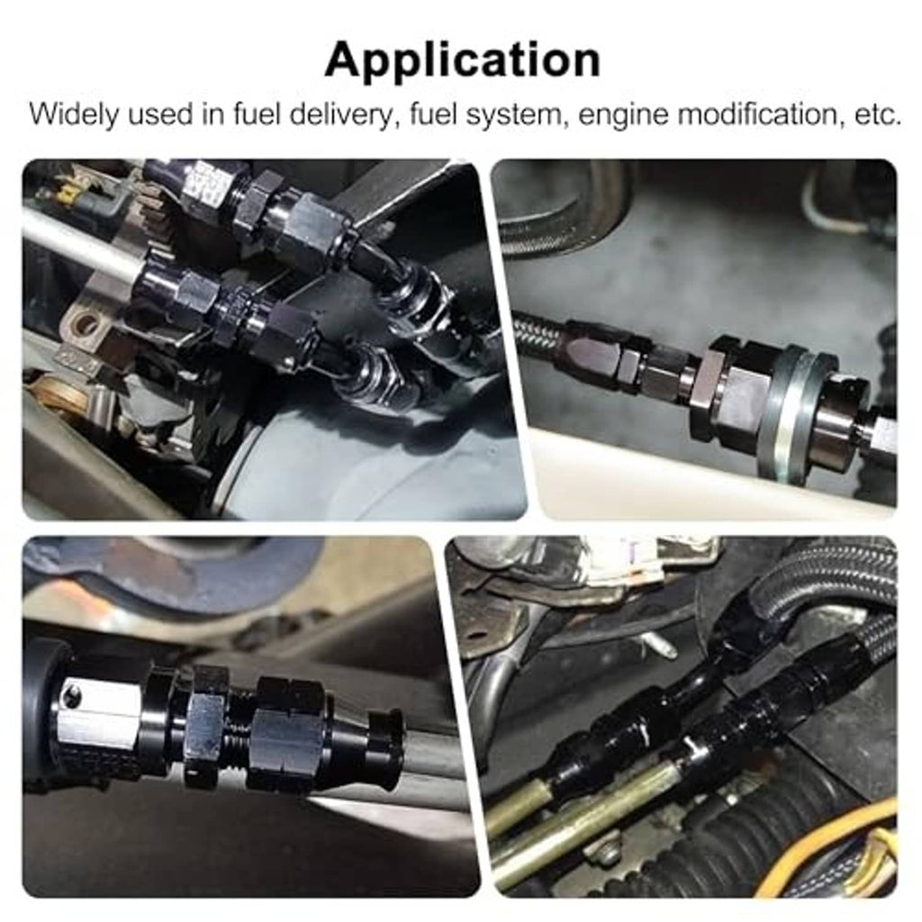 Black compression fitting adapter connected to engine fuel line