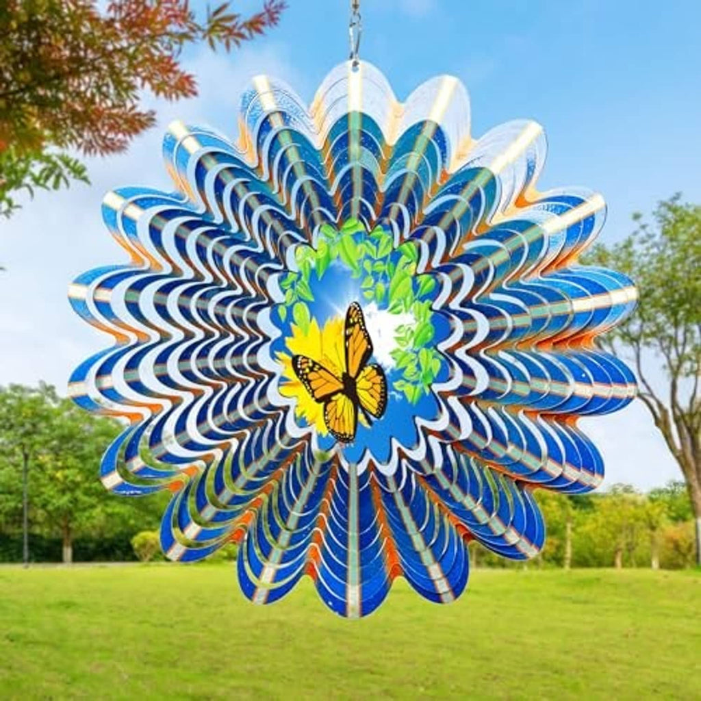 Blue and green butterfly wind spinner with silver spiral vanes and top hanging loop