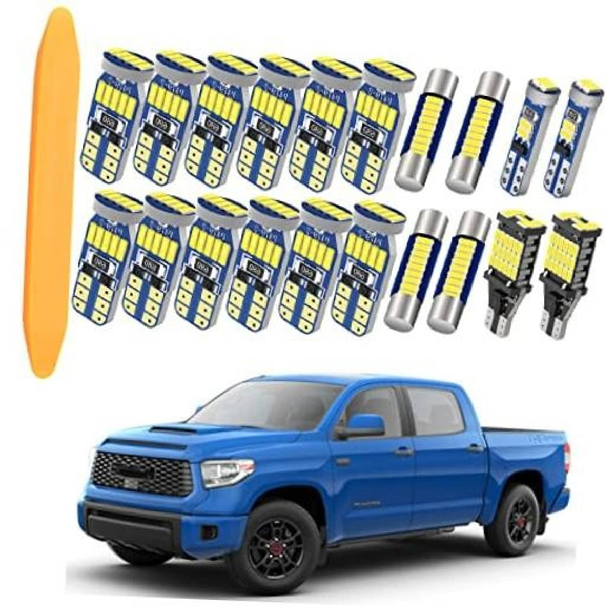 LED interior light kit with multiple blue circuit bulbs and silver caps