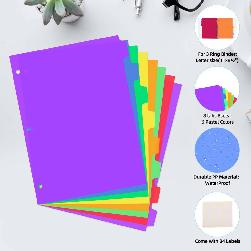 Set of rainbow plastic binder dividers with purple sheets and multicolor tab accents