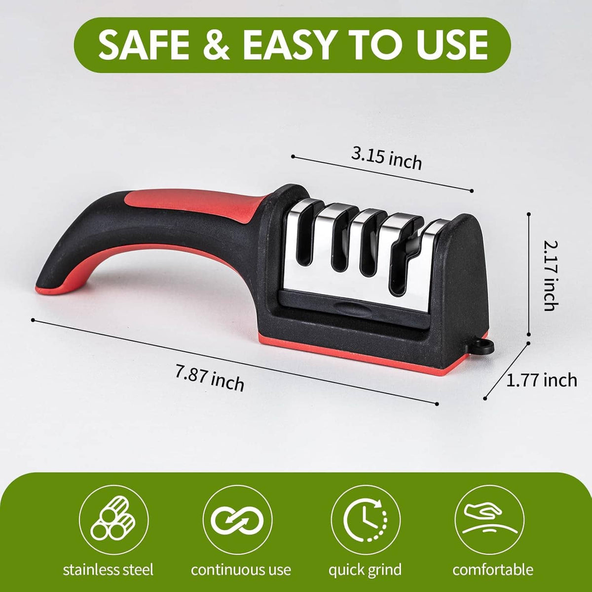 Manual knife sharpener with red handle, black base, and multi-slot sharpening head