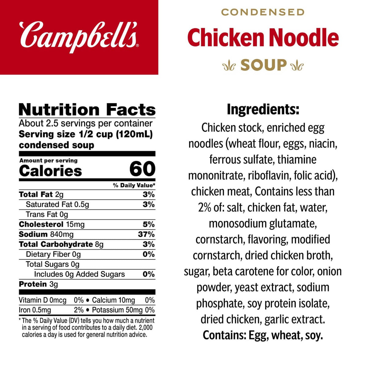 Condensed chicken noodle soup label with Nutrition Facts and ingredients panel