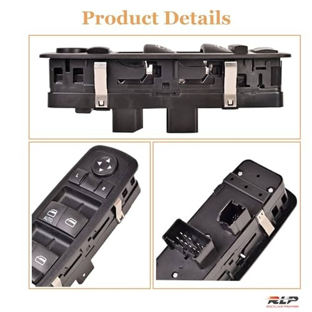 Black power window switch with top actuator detail and side mounting connectors