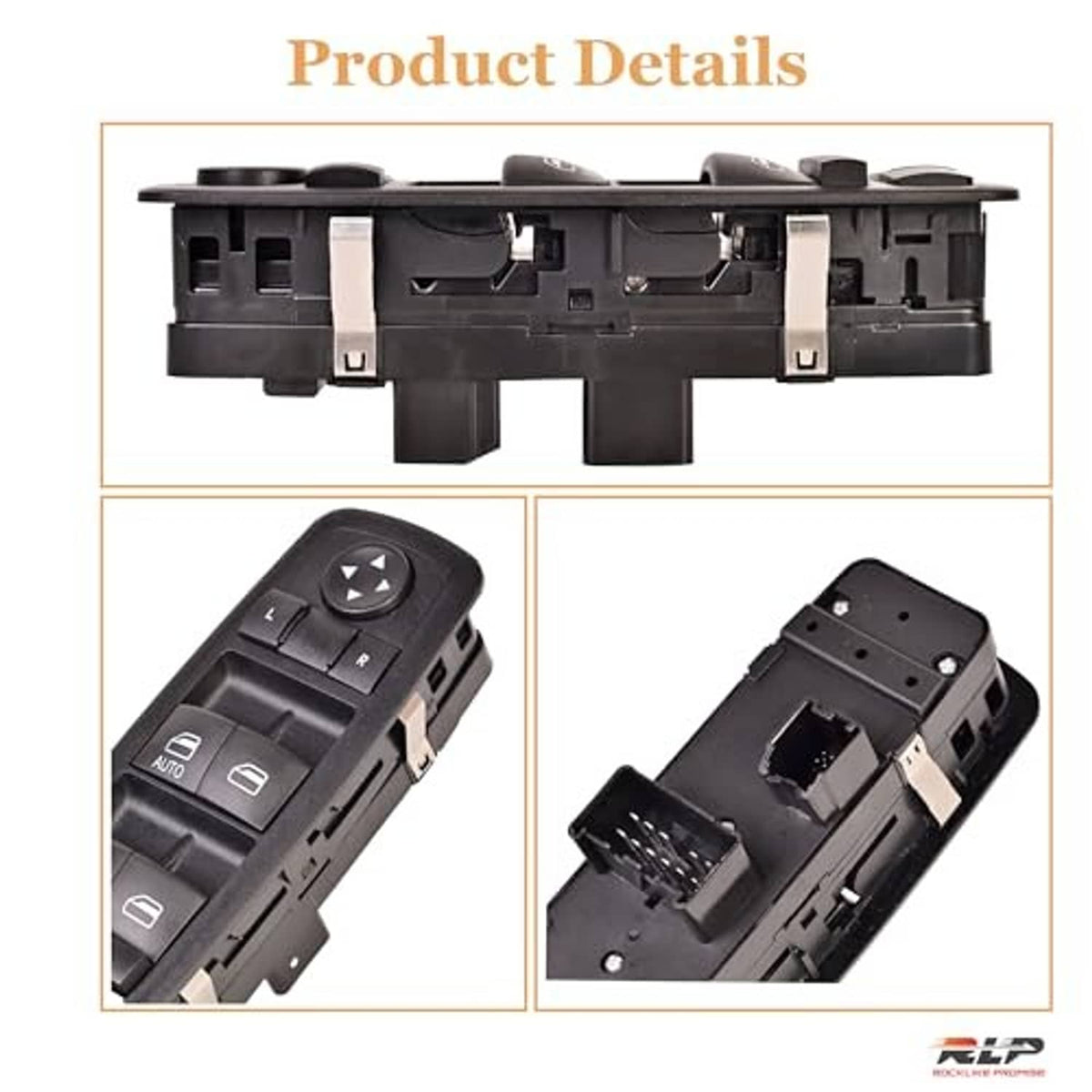 Black power window switch with top actuator detail and side mounting connectors