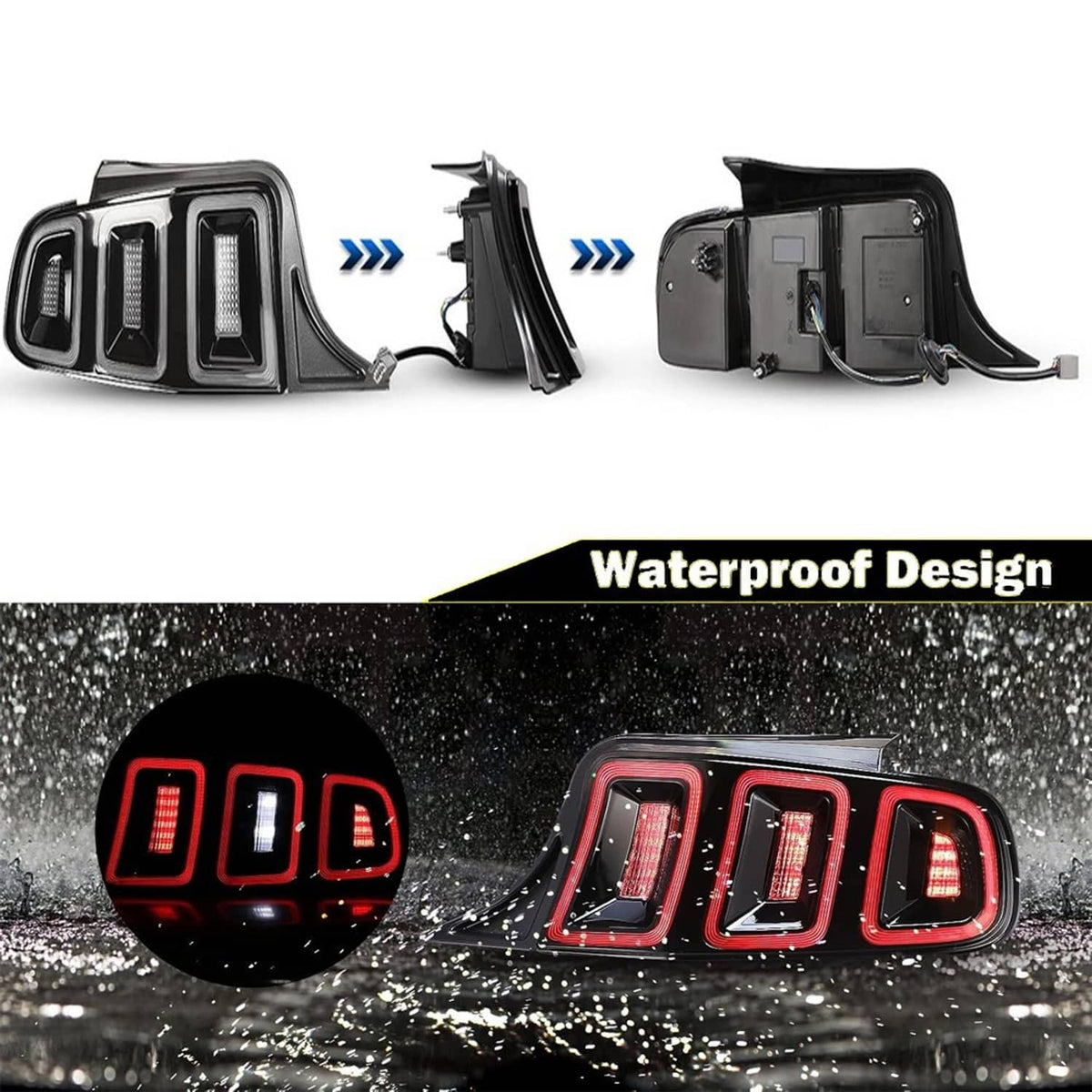 Black LED tail light with red glow in rainy splash scene, waterproof design