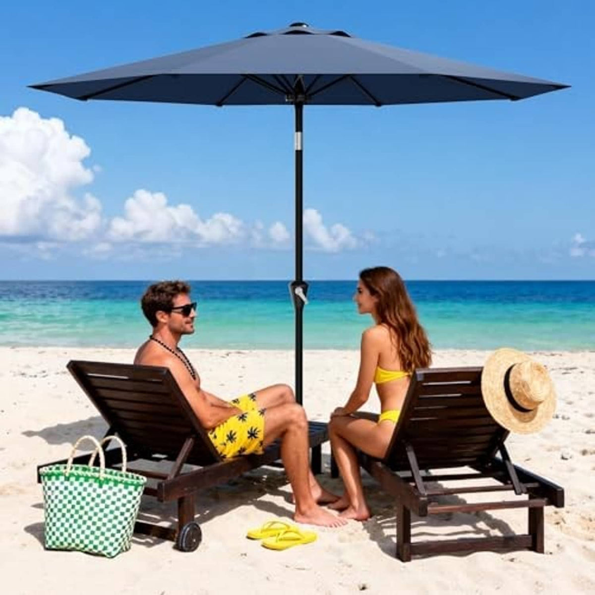 Outdoor beach umbrella setup with navy canopy and black pole
