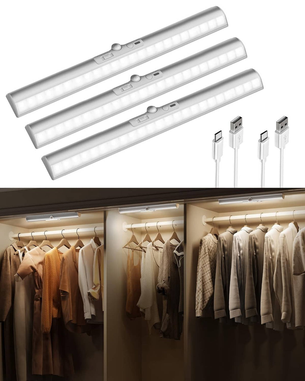 Set of three slim silver rechargeable motion sensor LED closet lights with USB cables