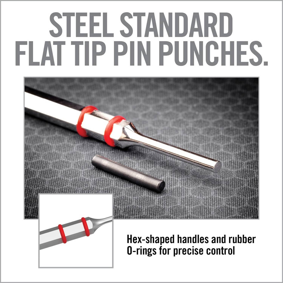 Steel flat-tip pin punch with red rubber O-ring and hex-shaped handle