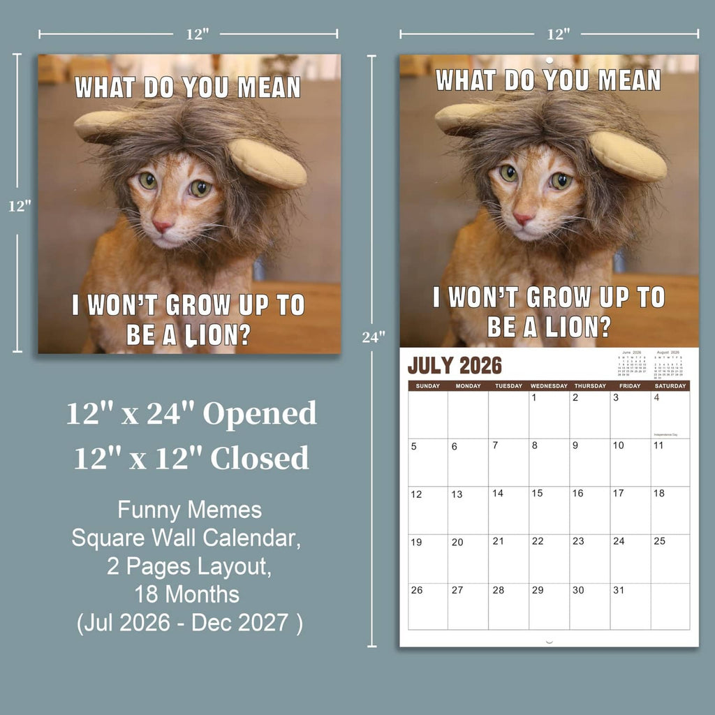 Opened wall calendar showing July 2026 grid; 12" x 24" and 12" x 12" views