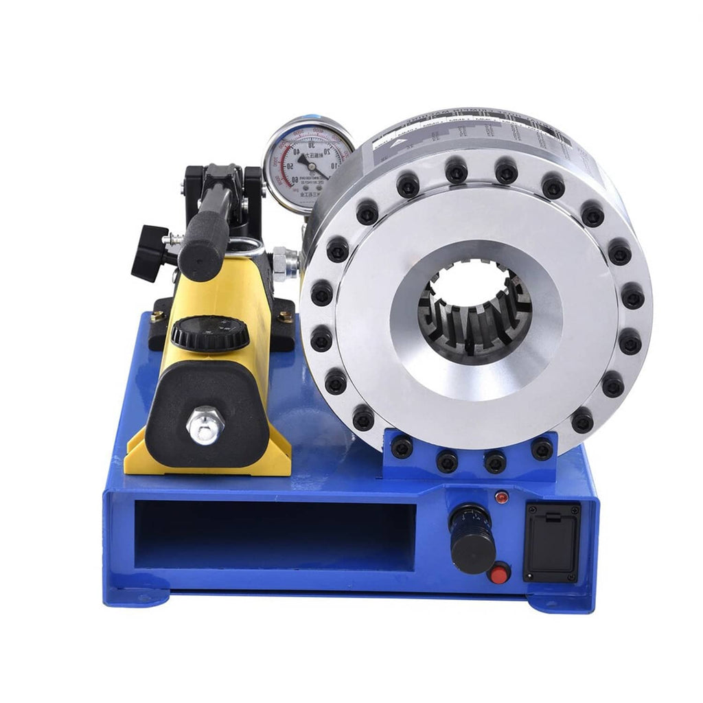 Hydraulic pipe crimping machine with silver die head, pressure gauge, and yellow pump lever