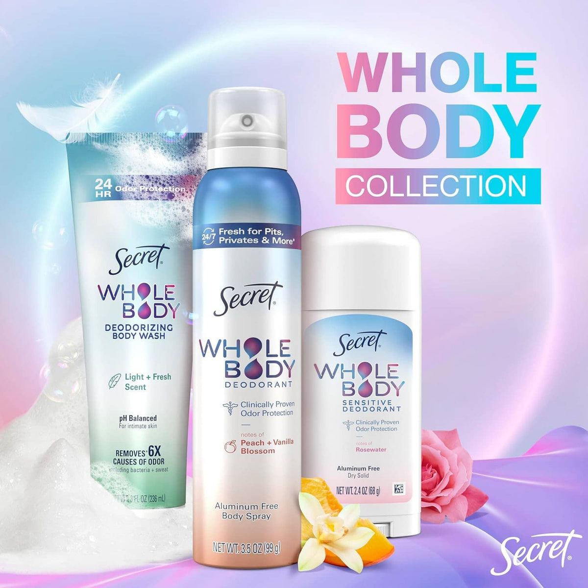 Secret Whole Body collection bottles and deodorizing body wash, peach & vanilla
