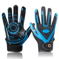 Youth receiver gloves in black with blue accents, showing both palms and finger grips
